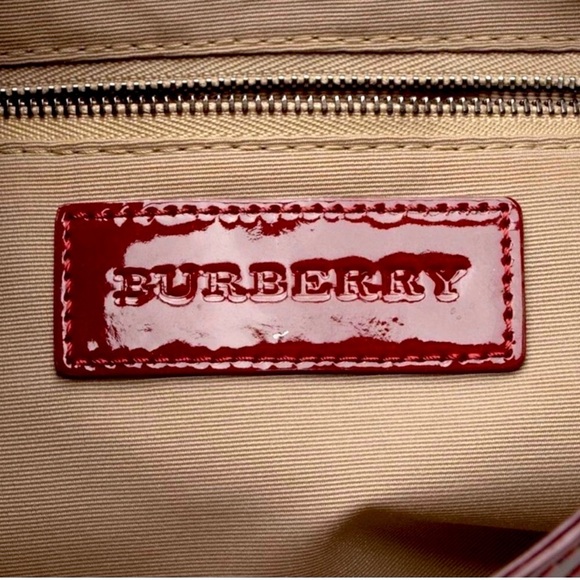 BURBERRY Maroon & Tan Star Print Canvas & Patent Leather Handbag, EUC - Picture 5 of 16